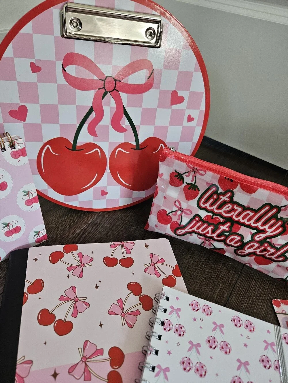 Cherry-Print 8-Piece Stationery Set + Bag Charm - Home School Office Supplies